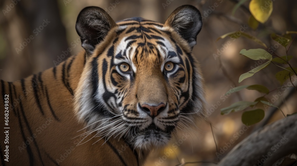 Fototapeta premium A Bengal Tiger in mid-stride, its powerful muscles rippling beneath its golden fur