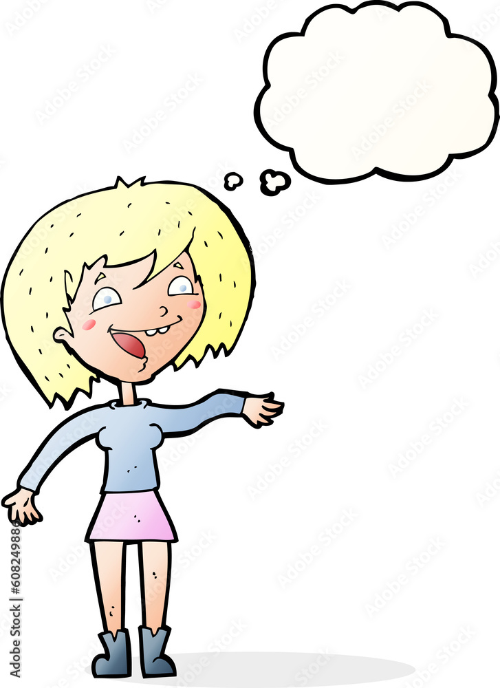 cartoon waving woman with thought bubble cartoon waving woman with thought bubble