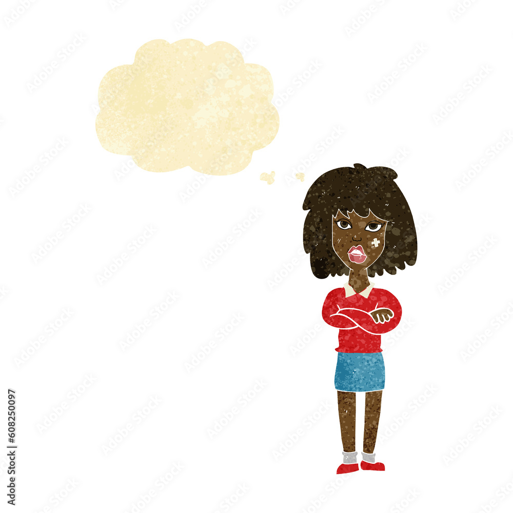 cartoon tough woman with folded arms with thought bubble cartoon tough woman with folded arms with thought bubble