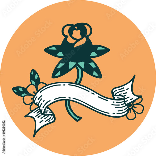 tattoo style icon with banner of rose