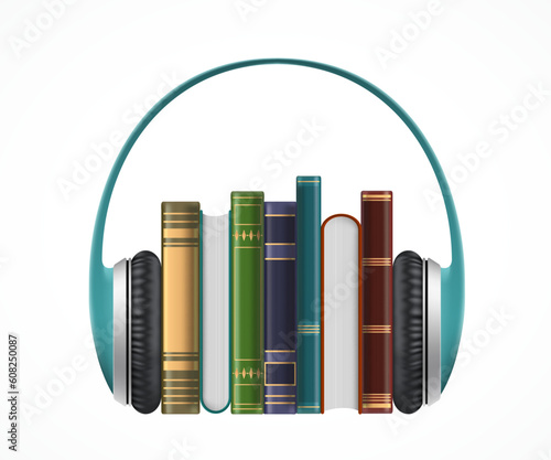 Stack of books with headphones isolated on white background. Vector illustration