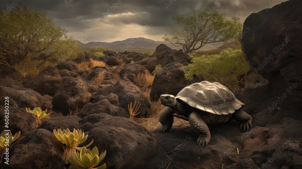 A Galapagos Tortoise, traversing the volcanic landscape, each step reverberating with centuries of existence