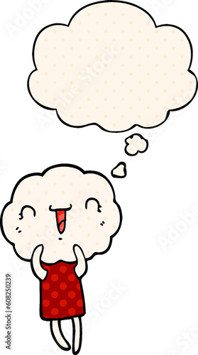 cute cartoon cloud head creature with thought bubble in comic book style