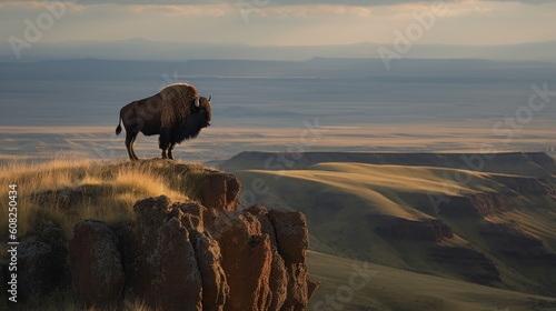 A majestic American Bison standing atop a rocky outcrop