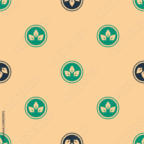 Green and black Vegan food diet icon isolated seamless pattern on beige background. Organic, bio, eco symbol. Vegan, no meat, lactose free, healthy, fresh and nonviolent food. Vector