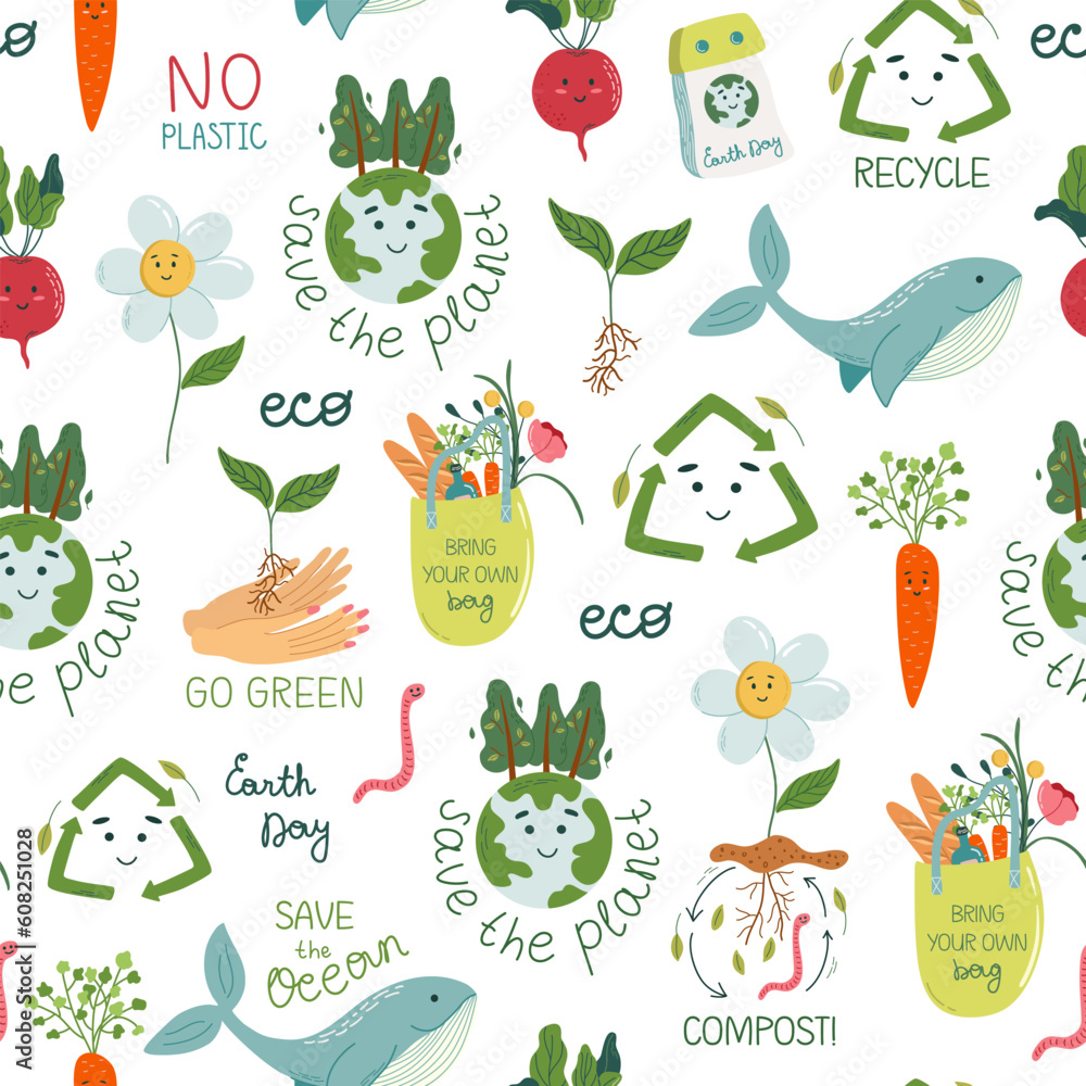 Seamless pattern with eco and healthy life symbols. Environmental conservation, Earth Day concept. Motivational slogans. Cute kawaii design elements. Flat style vector illustration.