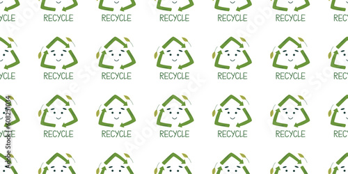 Seamless pattern with recycling symbol. Cute kawaii emblem. Environmental conservation, Earth Day concept. Minimalistic ecological vector illustration.