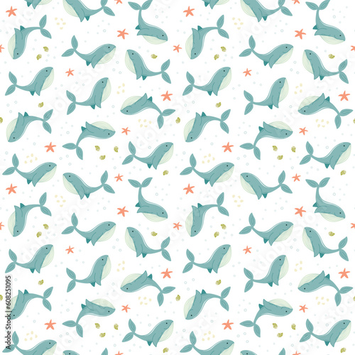 Cute Summer background with hand drawn whales, shells, starfishes. Baby nursery seamless pattern. Vector illustration for textile, scrapbook, wrapping paper and all prints.