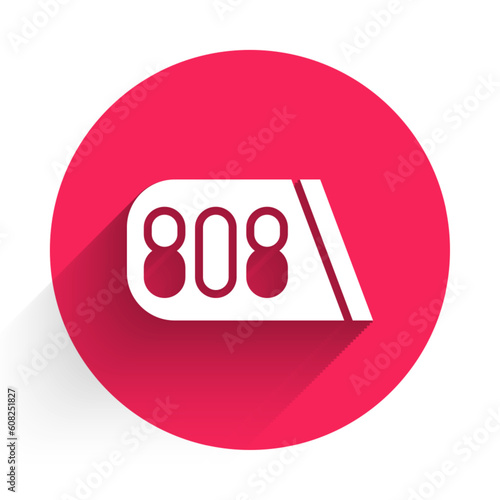White Drum machine music producer equipment icon isolated with long shadow background. Red circle button. Vector