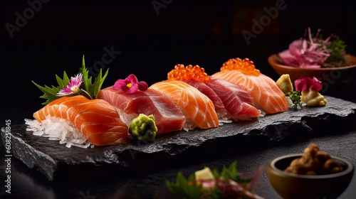 Food photography of Sushi pieces arranged on a dark background - ai generative
