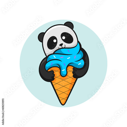 Cute kawaii panda hug an ice cream mascot