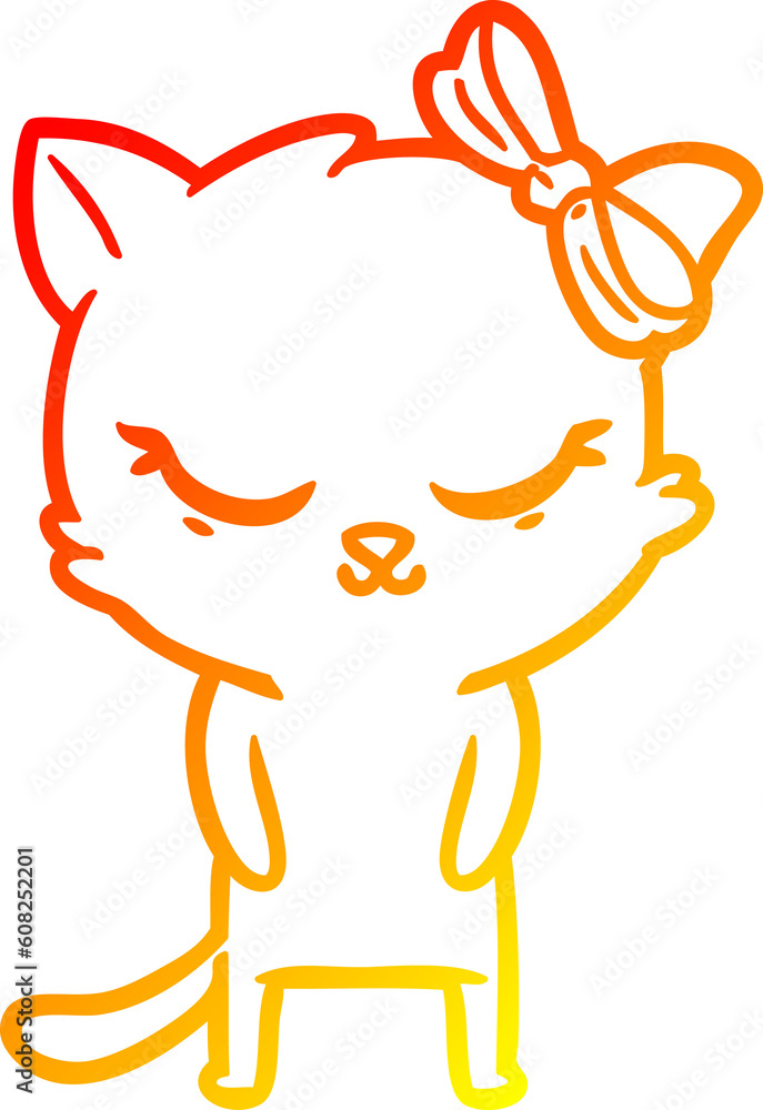 warm gradient line drawing of a cute cartoon cat with bow warm gradient line drawing of a cute cartoon cat with bow