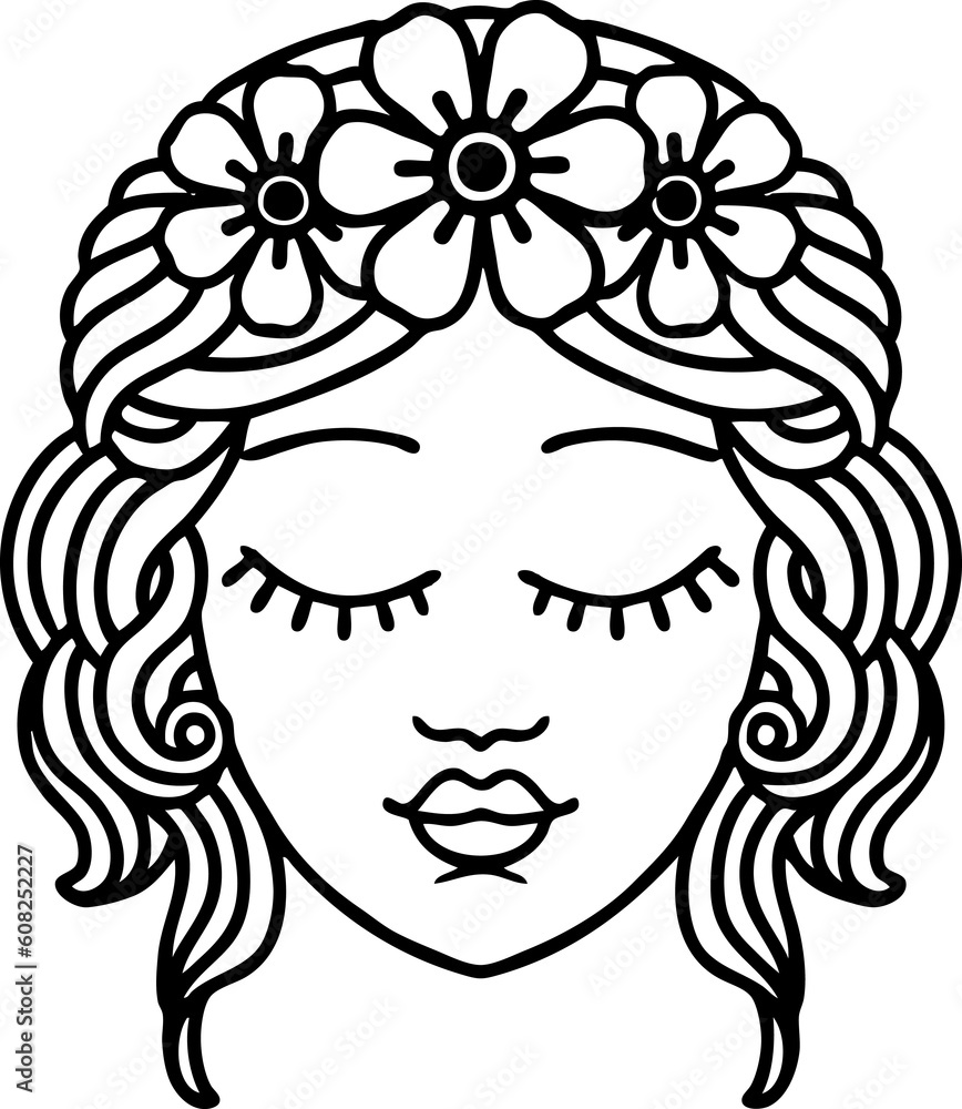 tattoo in black line style of female face with eyes closed tattoo in black line style of female face with eyes closed