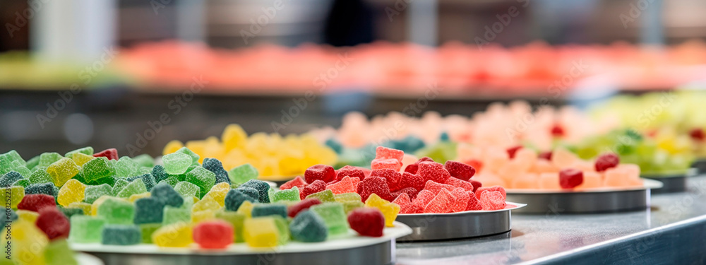 tape sweets, candied fruits, in the food industry, products ready for automatic packaging. Concept with automated food production. Generative AI, tape sweets, candied fruits, in the food industry, products ready for automatic packaging. Concept with automated food production. Generative AI,