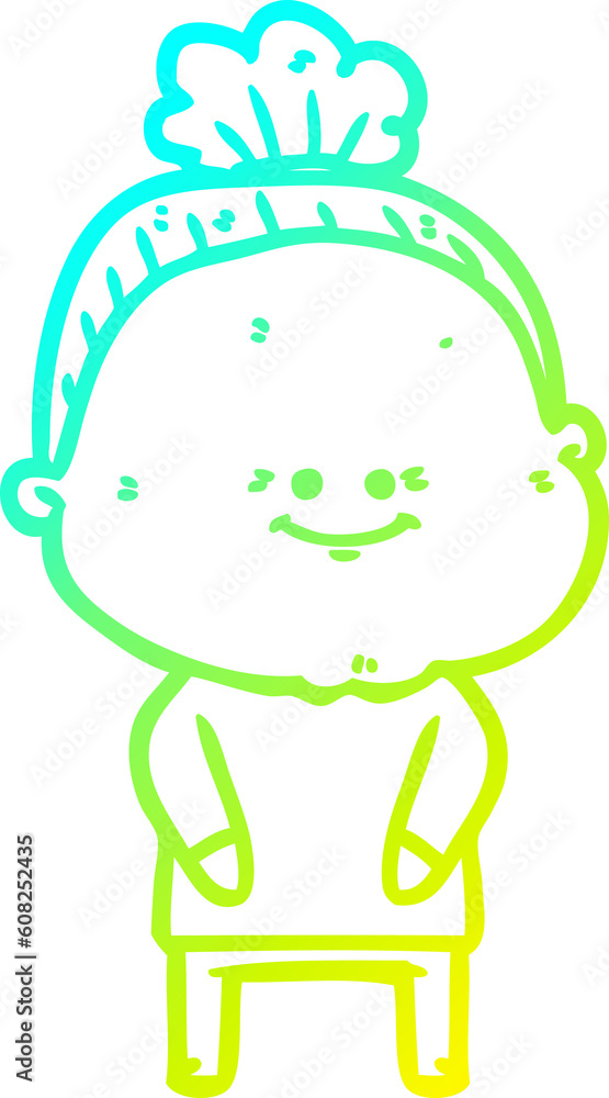 cold gradient line drawing of a cartoon happy old woman