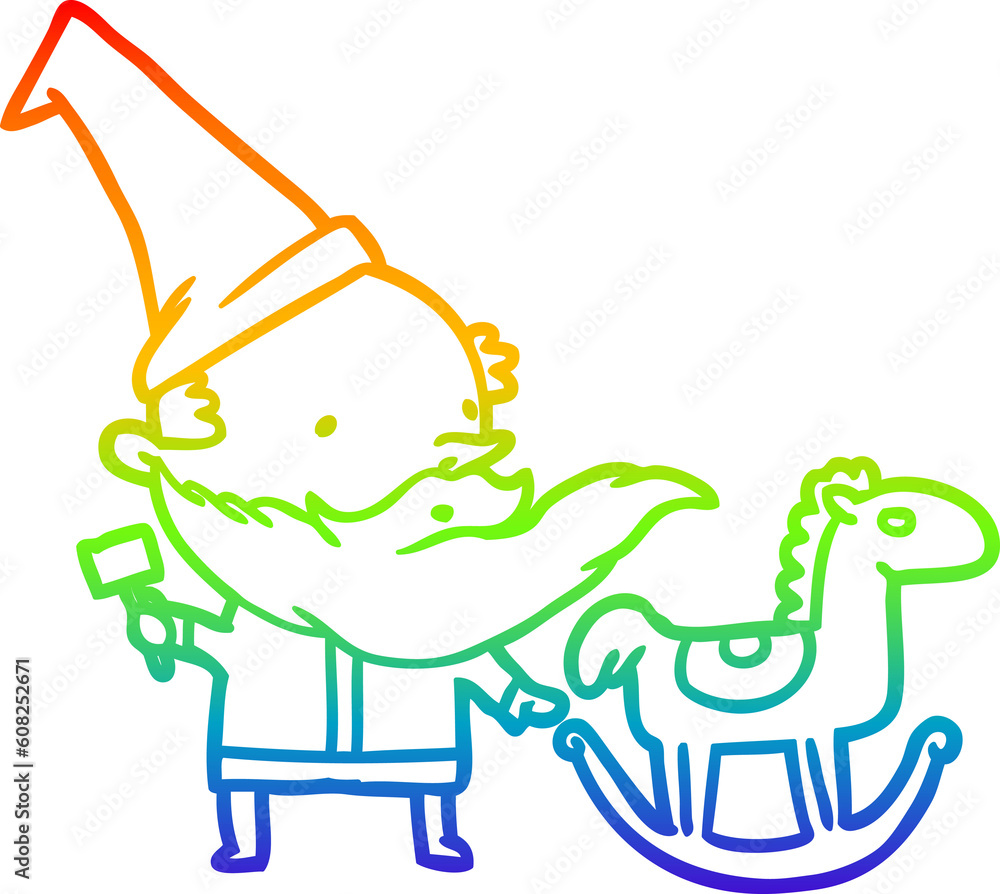 rainbow gradient line drawing of a santa (or elf) making a rocking horse rainbow gradient line drawing of a santa (or elf) making a rocking horse