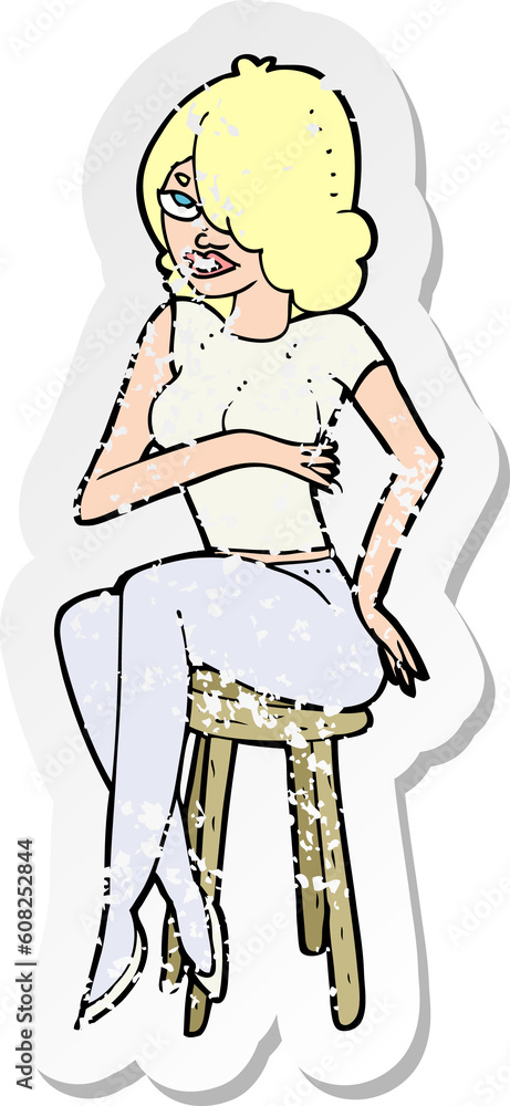 retro distressed sticker of a cartoon woman sitting on bar stool retro distressed sticker of a cartoon woman sitting on bar stool