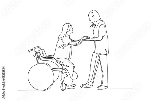continuous line drawing of nurse helping patient to walk