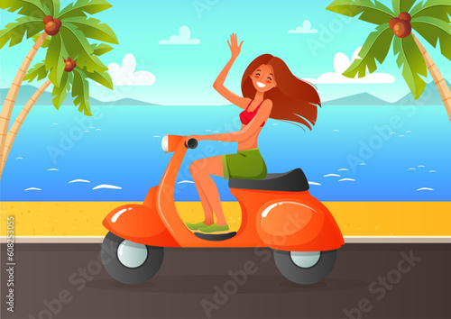 Happy girl riding a retro scooter past the beach. Cartoon illustration of a smiling young woman on an old style motorbike on a background of sea landscape. Vector 10 EPS.