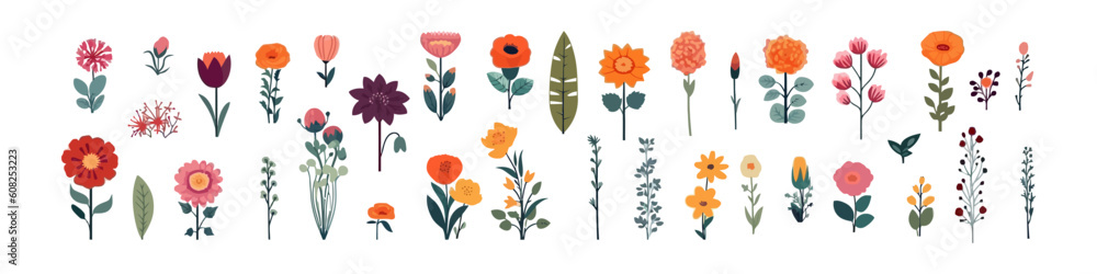 Set of flowers, flat cartoon isolated on white background. Vector illustration
