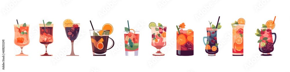 Set of alcohol cocktails, flat cartoon isolated on white background. Vector illustration Set of alcohol cocktails, flat cartoon isolated on white background. Vector illustration