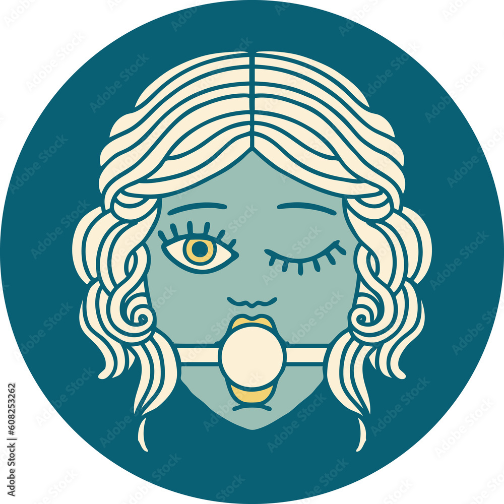 iconic tattoo style image of a winking female face wearing ball gag iconic tattoo style image of a winking female face wearing ball gag