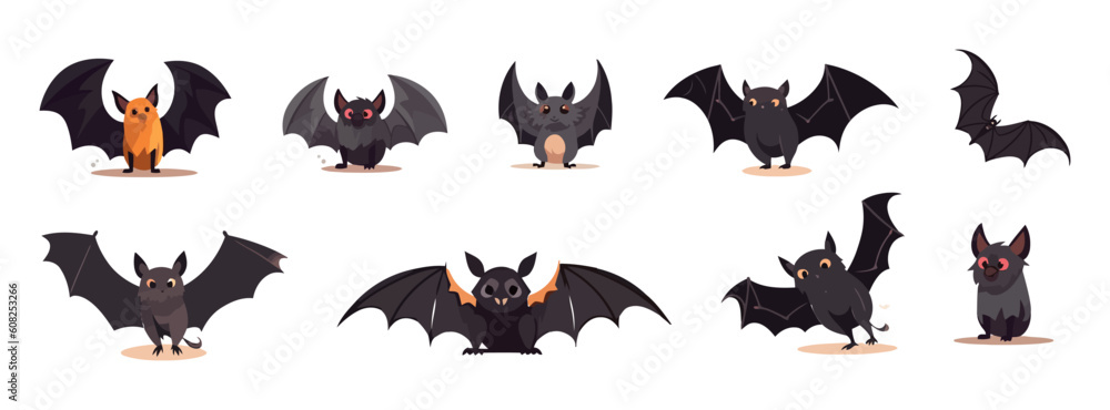 Obraz premium Set of bat, flat cartoon isolated on white background. Vector illustration
