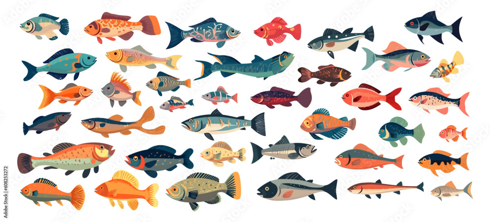 Set of fish, flat cartoon isolated on white background. Vector illustration