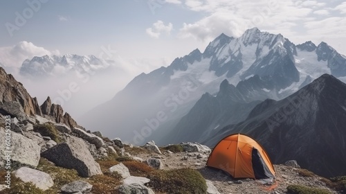 Tourist tent, camping on plateau, mountains peaks background, outdoor activities. AI generated.