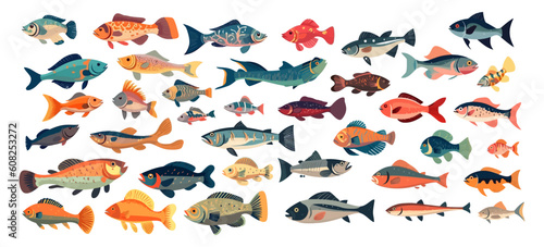 Set of fish  flat cartoon isolated on white background. Vector illustration
