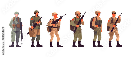 Set of soldier, flat cartoon isolated on white background. Vector illustration