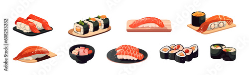 Set of sushi, flat cartoon isolated on white background. Vector illustration