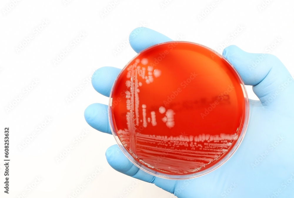 Escherichia coli (E. coli) bacteria grown in a Petri dish in the Microbiology laboratory Stock