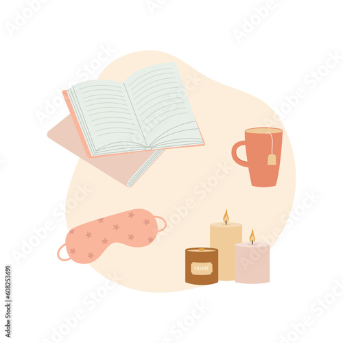 Self care elements set. Books, sleeping mask, cup of tea and candles