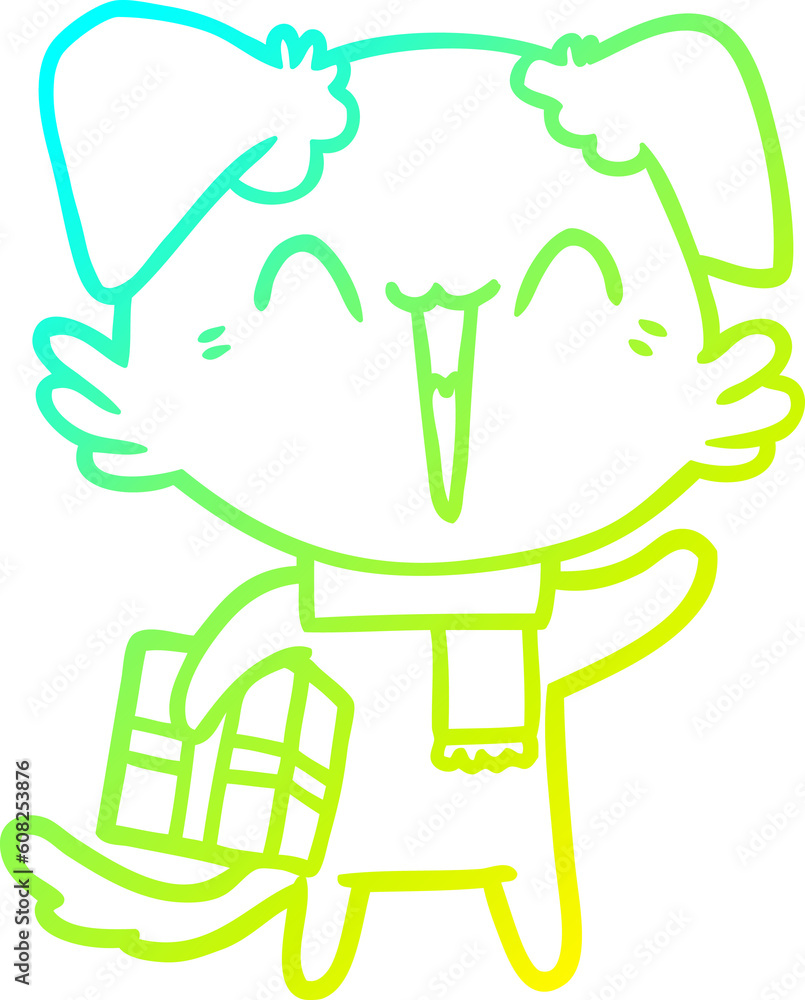 cold gradient line drawing of a happy little cartoon dog in winter clothes cold gradient line drawing of a happy little cartoon dog in winter clothes