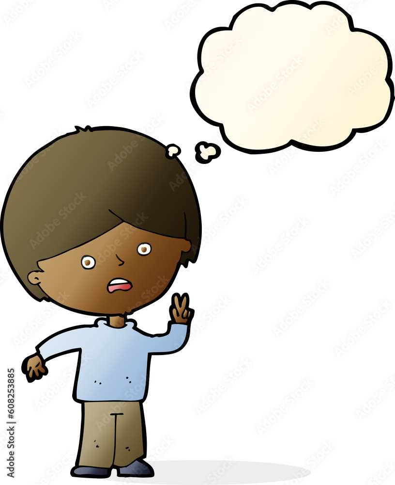 cartoon unhappy boy giving peace sign with thought bubble cartoon unhappy boy giving peace sign with thought bubble
