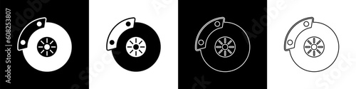 Set Car brake disk with caliper icon isolated on black and white background. Vector