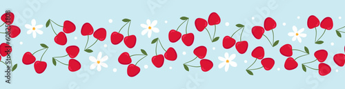 Cherry seamless border. Red cherries with green leaves and flowers on blue background. Flat design. 