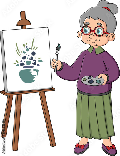 An elderly woman artist draws a picture at the easel. Pensioner painting a landscape Sunset in watercolor and oil. Brushes and palette in the hands of artist