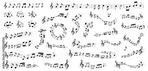 Musical notes melody on white background set. Musical notes collection. Treble clef, note.