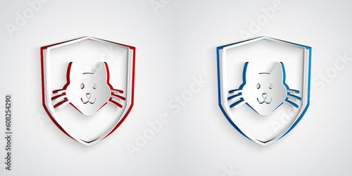 Paper cut Animal health insurance icon isolated on grey background. Pet protection concept. Dog or cat paw print. Paper art style. Vector