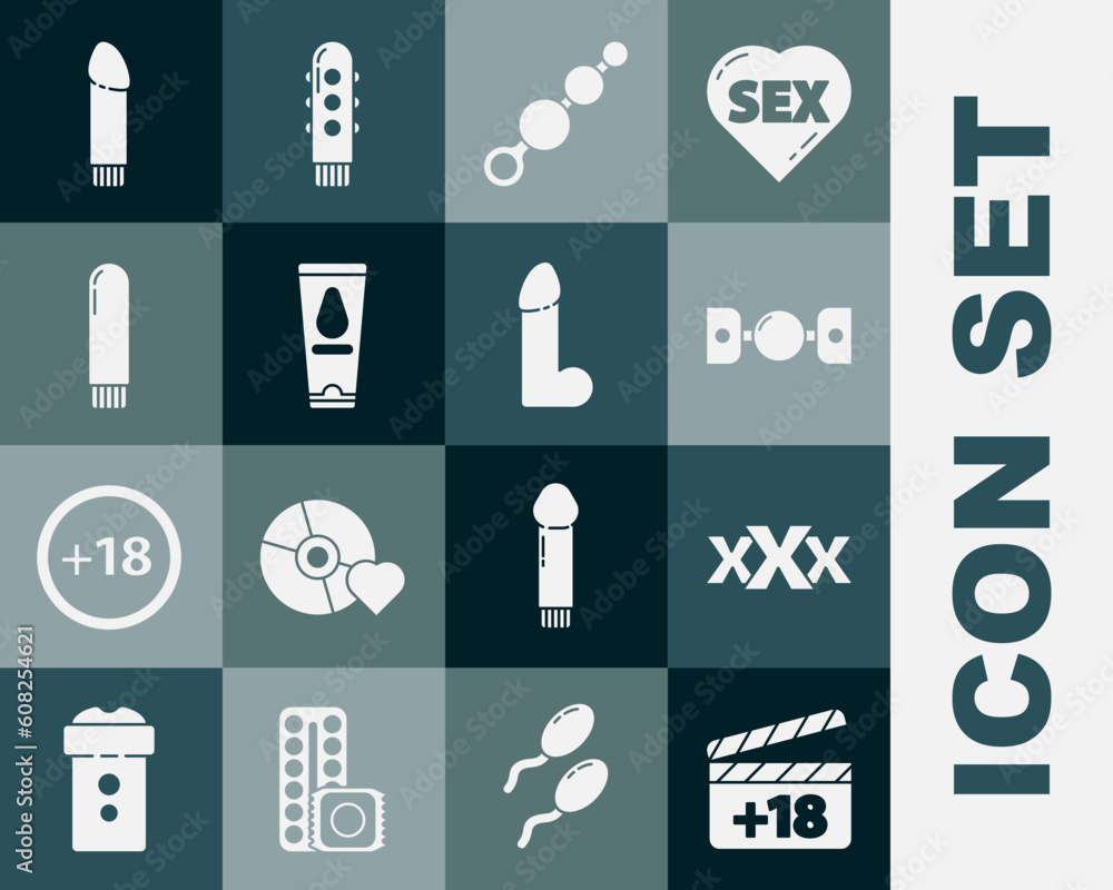 Set Movie clapper with 18 plus content, Sex shop, Silicone ball gag belt, Anal beads, Personal lubricant, Dildo vibrator, and icon. Vector Set Movie clapper with 18 plus content, Sex shop, Silicone ball gag belt, Anal beads, Personal lubricant, Dildo vibrator, and icon. Vector
