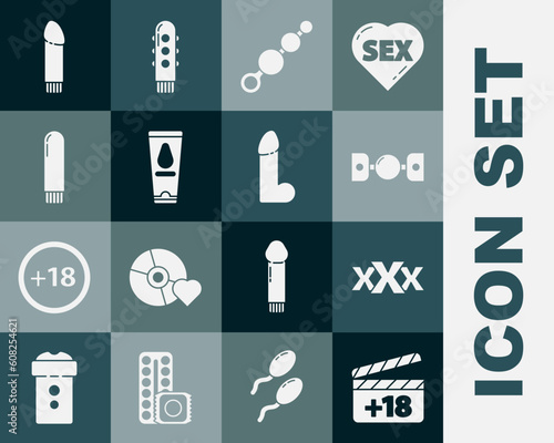 Set Movie clapper with 18 plus content, Sex shop, Silicone ball gag belt, Anal beads, Personal lubricant, Dildo vibrator, and icon. Vector