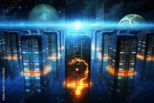 Satellite Data Center - A futuristic image depicting a high-tech data center with rows of servers processing and analyzing satellite data for various applications.