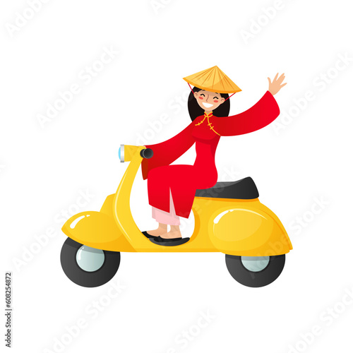 Vietnamese girl riding a retro scooter. Cartoon illustration of a smiling young woman in a conical straw hat on an old style motorbike isolated on a white background. Vector 10 EPS.