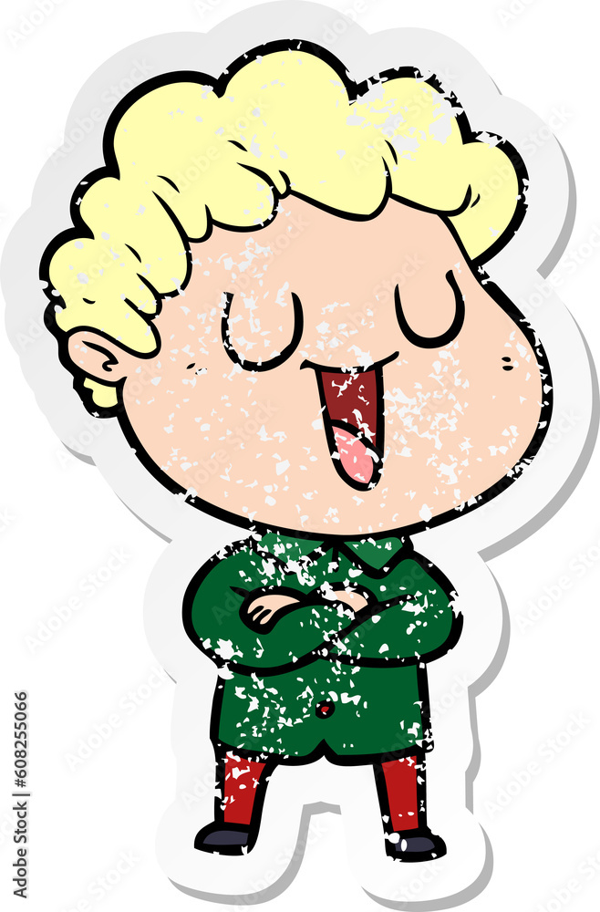 distressed sticker of a laughing cartoon man distressed sticker of a laughing cartoon man