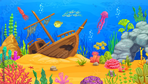 Game level on cartoon underwater landscape with sunken ship. Fish shoal, squid, jellyfish and seaweeds. Ocean water world background, coral reef deep wildlife vector landscape or game level scenery