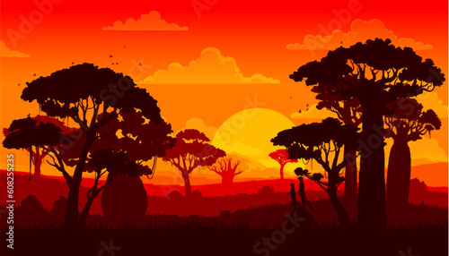 African savannah sunset landscape  scenery silhouette. Vector background features baobabs or acacia trees  and silhouetted meerkats wildlife against a fiery sky with hues of orange  red  and yellow