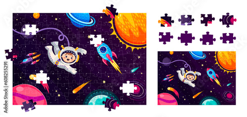 Cartoon space landscape and astronaut. Jigsaw puzzle game pieces. Educational vector worksheet for school or preschool children with funny boy cosmonaut character and rocket in galaxy or Universe
