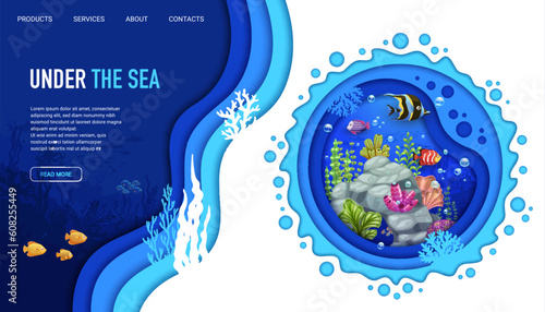 Landing page, cartoon underwater paper cut landscape, vector undersea website template. Cartoon coral reef background in papercut for landing page or web site of aquatic life or underwater world